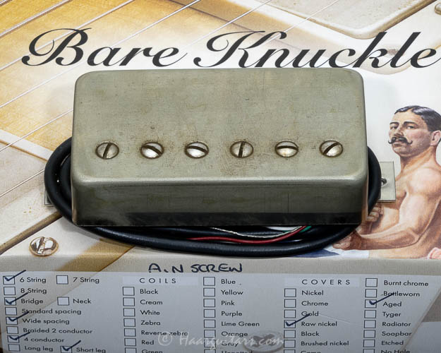 Bare knuckle HB, Rebel yell, bridge, 53 mm, short leg, 4 cond wire, raw nickel aged