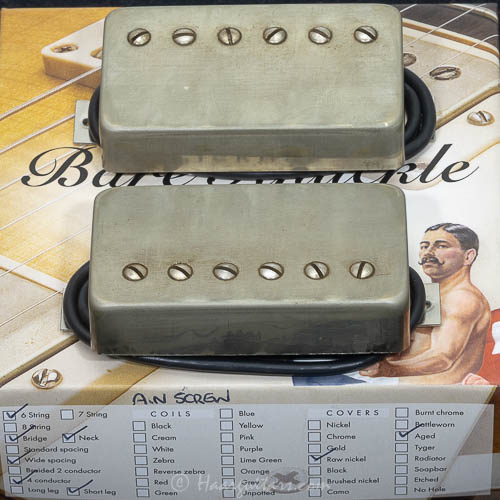 Bare knuckle HB, Rebel Yell, set, bridge 53 mm, short leg, 4 cond wire, raw nickel aged